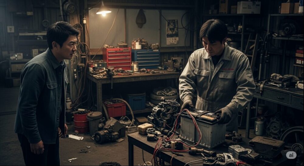 Anxiously-watching-the-repairman-in-the-dark-garage