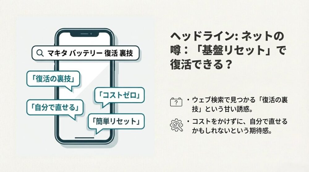 検索窓に「マキタ バッテリー 復活 裏技」と入力されており、その周囲に「コストゼロ」「簡単リセット」といった甘い言葉が並んでいるスライド。