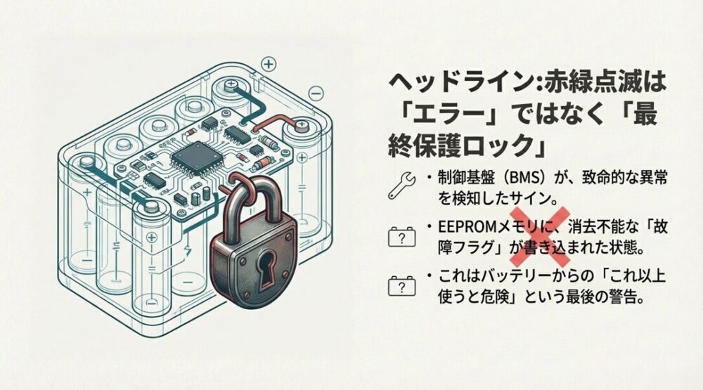 バッテリー内部の基盤に南京錠がかかっているイラスト。エラーではなく「これ以上使うと危険」という最終警告であることを説明。