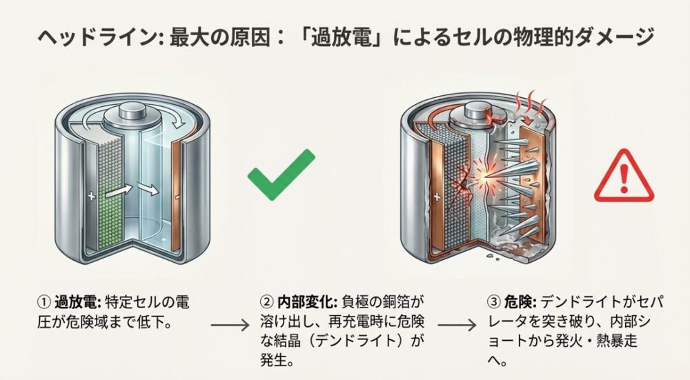 セル内部でデンドライト（結晶）が発生し、セパレータを突き破って発火・熱暴走に至るプロセスを図解したスライド。