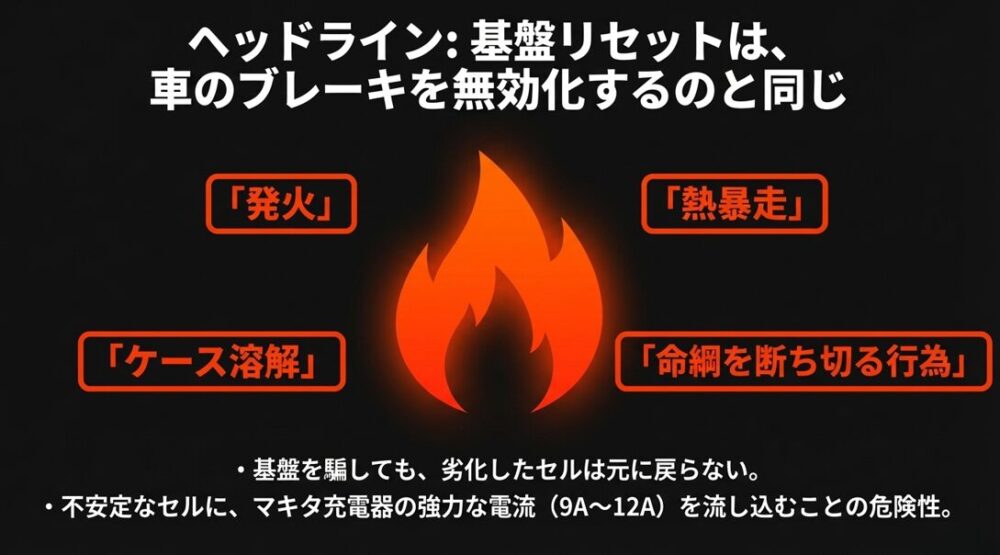 燃え盛る炎のイラストとともに、基盤を騙して大電流を流し込むことが、車のブレーキを無効化するのと同じくらい危険であると警告するスライド。