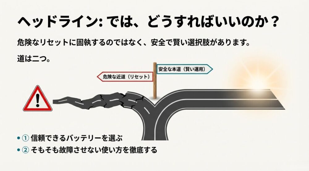 道が二つに分かれており、一方は「危険な近道（リセット）」で路面が割れており、もう一方は「安全な本道（賢い運用）」で光が差しているスライド。