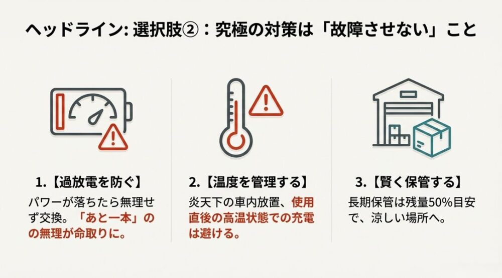 電池残量計、温度計、倉庫のアイコン。過放電防止、温度管理、適切な保管方法を視覚的に説明したスライド。