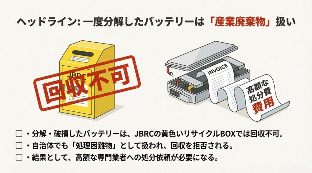 リサイクルBOXに「回収不可」のスタンプが押され、高額な請求書（INVOICE）が流れてきているイラスト。分解した代償を警告。