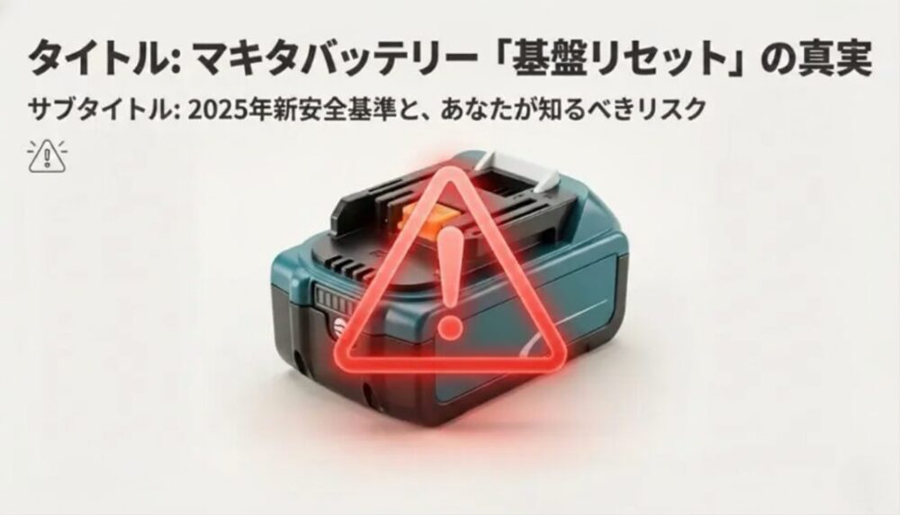 マキタのバッテリーに赤い警告マークが重なっているイメージ画像。2025年の新安全基準とリスクについての解説スライド。