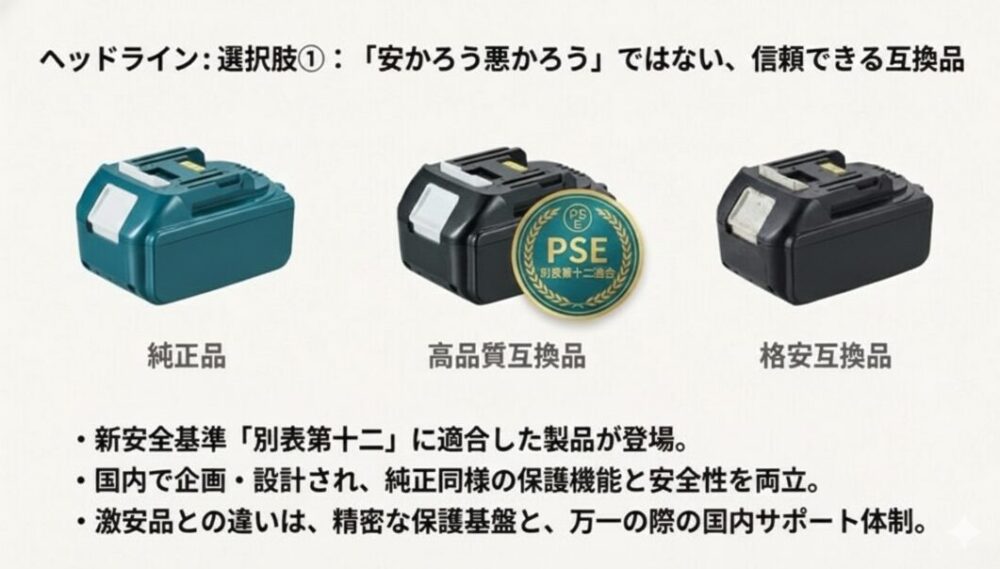 純正品、エネライフのような高品質互換品、格安互換品の3つを並べた比較。新安全基準「別表第十二」への適合が鍵であることを示すスライド。