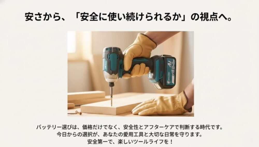 作業手袋をしてマキタの工具で作業する様子。「安さから、安全に使い続けられるかの視点へ」というメッセージ。