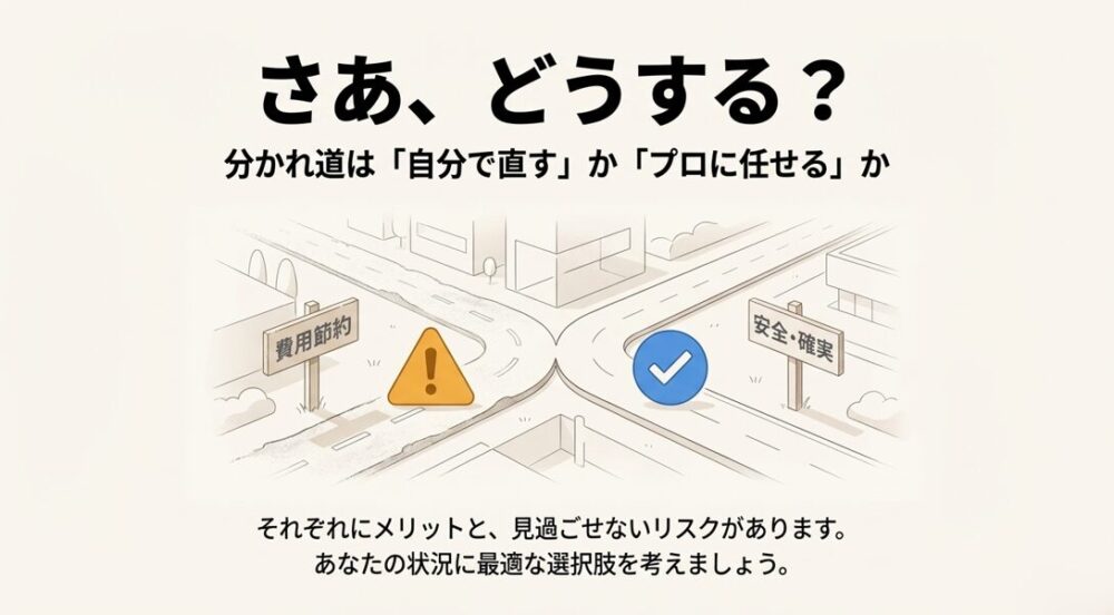 「費用節約（DIY）」と「安全・確実（プロ）」の二股に分かれた道のイラスト