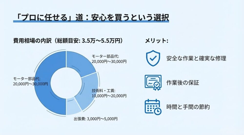 モーター部品代、技術料、出張費の割合を示す円グラフ