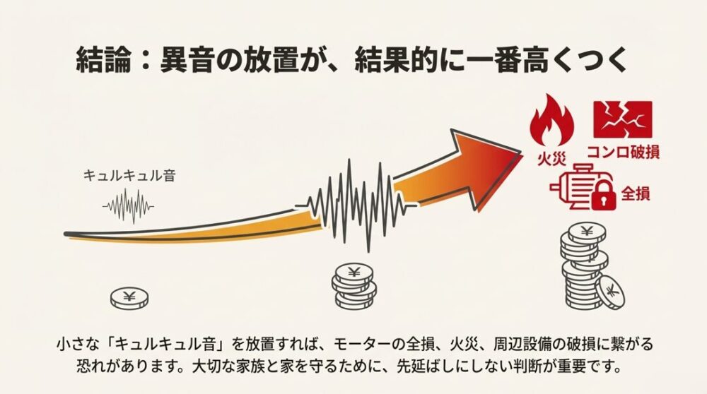 異音を放置することで修理費が増大し、全損や火災に至るまでの経過図