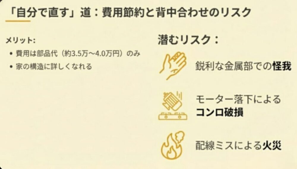 怪我、コンロ破損、配線ミスによる火災のリスクを示す警告アイコン