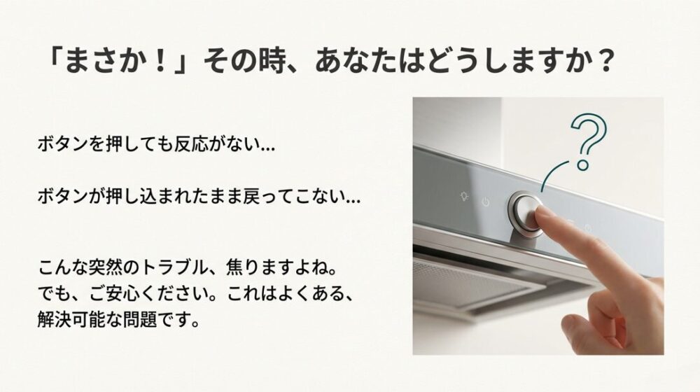 レンジフードのスイッチを押す指と、「ボタンを押しても反応がない」「押し込まれたまま戻らない」といったトラブル症状の例示。