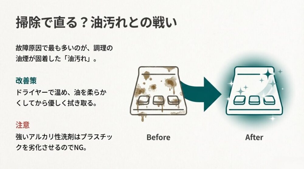 汚れたスイッチをドライヤーで温め掃除することで綺麗になるBefore/Afterのイラスト。強い洗剤への注意書きも含む。