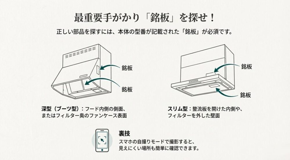 深型（ブーツ型）とスリム型それぞれのレンジフードにおいて、型番が記載された銘板がどこにあるかを図示したイラスト。