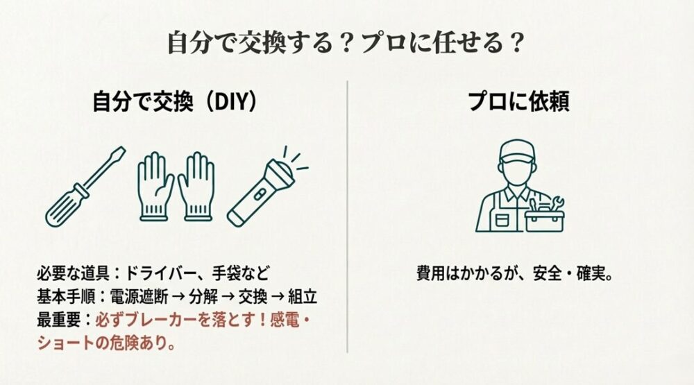 自分で交換する場合とプロに任せる場合の分岐、およびDIYに必要なドライバーや手袋などの道具とブレーカー遮断の警告。