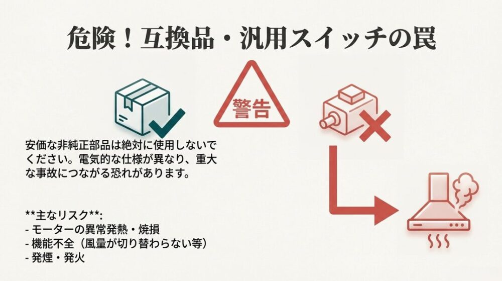 安価な非純正部品や汎用スイッチの使用により、発火や故障のリスクがあることを警告するイラスト。