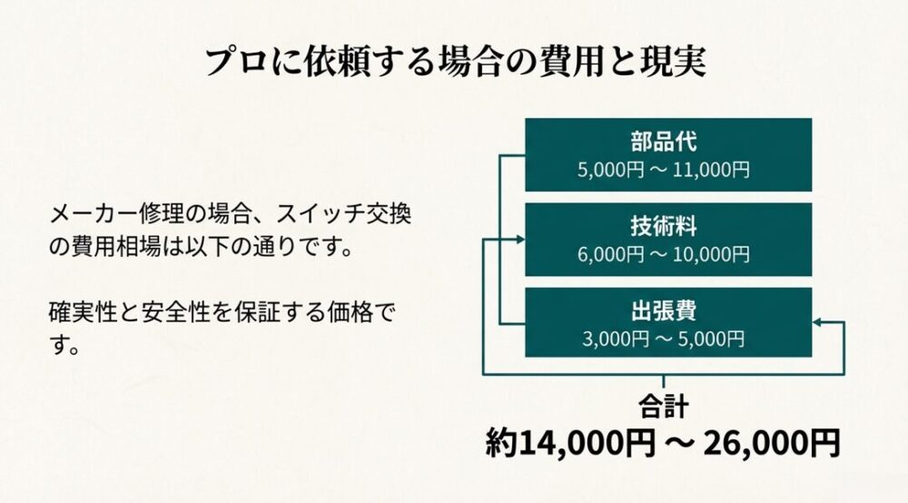 部品代、技術料、出張費のそれぞれの目安金額と、合計で約14,000円〜26,000円かかることを示す図。