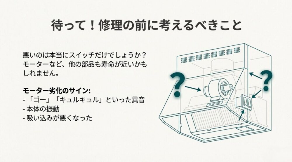 レンジフード内部の透視図と共に、モーターからの異音や振動など、スイッチ以外の不具合箇所を確認するよう促すイラスト。