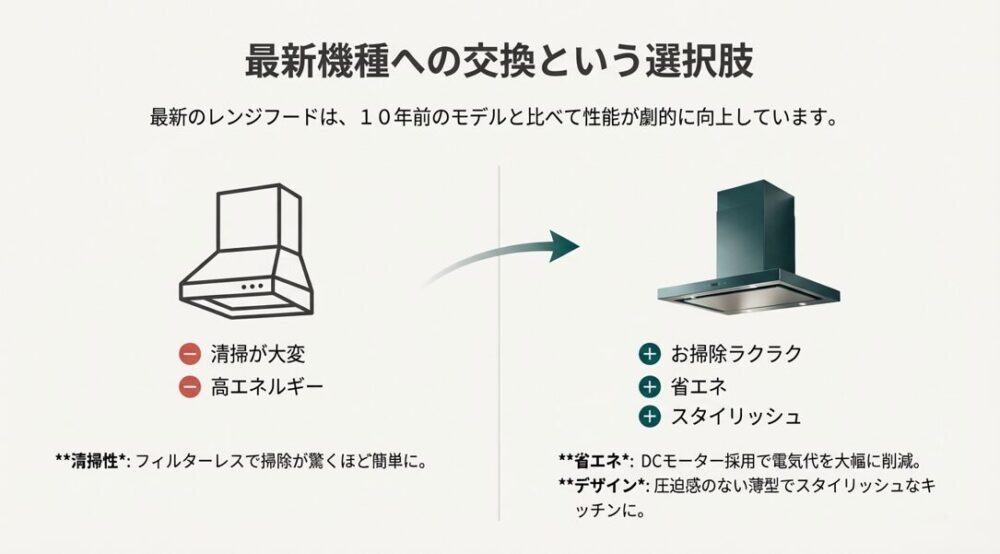 最新のレンジフードはフィルターレスで掃除が楽、省エネ、デザイン性が高いなどのメリットを比較したイラスト。