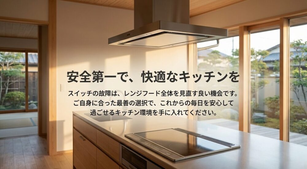 「安全第一で、快適なキッチンを」というメッセージと、ユーザーへの最後の挨拶が書かれたスライド。