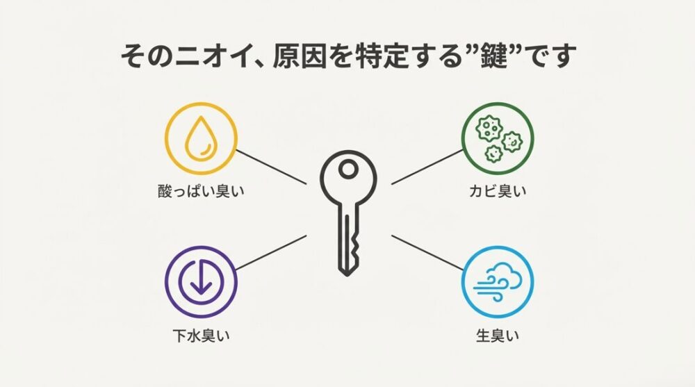 酸っぱい臭いは油、カビ臭いはカビ、下水臭は負圧、生臭さは逆流を示す原因特定の相関図