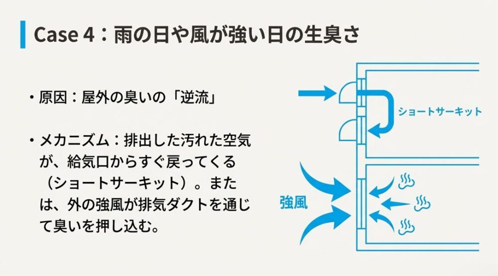排気ダクトから出た汚れた空気が、強風や配置の問題で給気口からそのまま室内に戻ってくる図解
