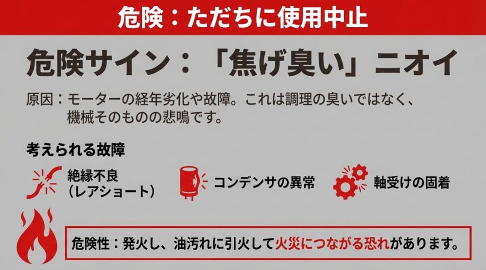 モーターの絶縁不良や劣化によって焦げ臭いニオイが発生し、火災につながる危険性を示す警告アイコン