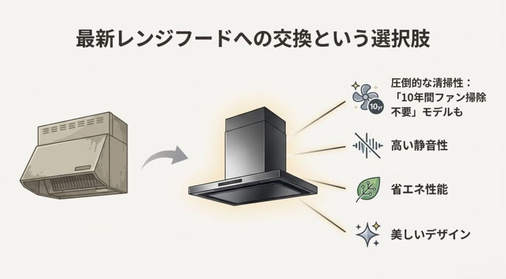 最新の換気扇における圧倒的な清掃性、静音性、省エネ性能、デザイン性を紹介する図