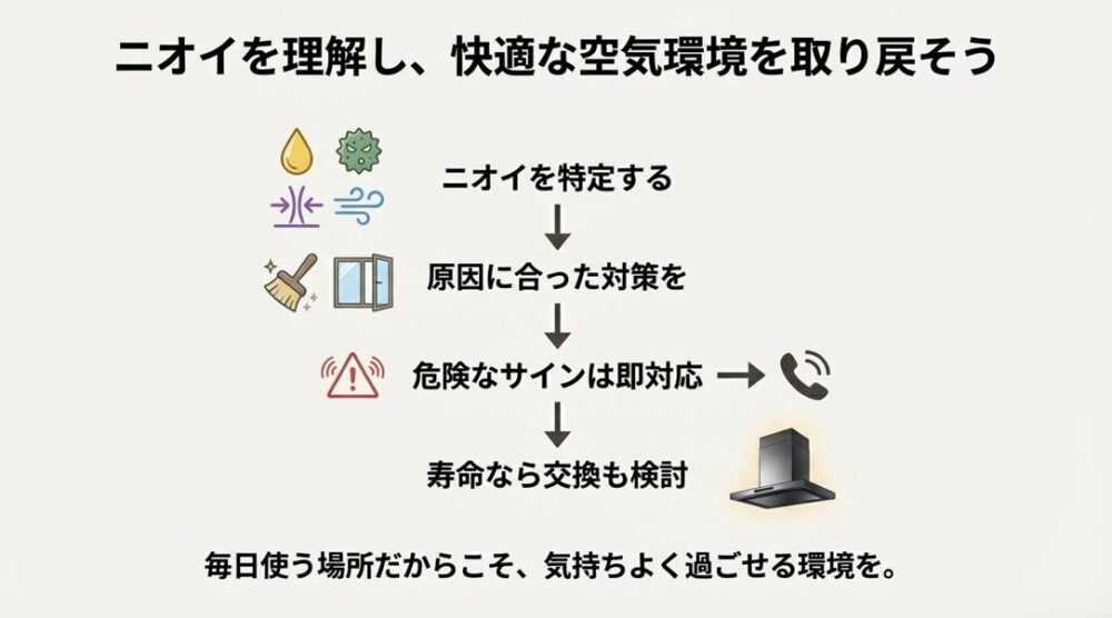 ニオイを特定し、原因に合った対策を行い、危険なサインがあれば交換を検討するという流れを示した図