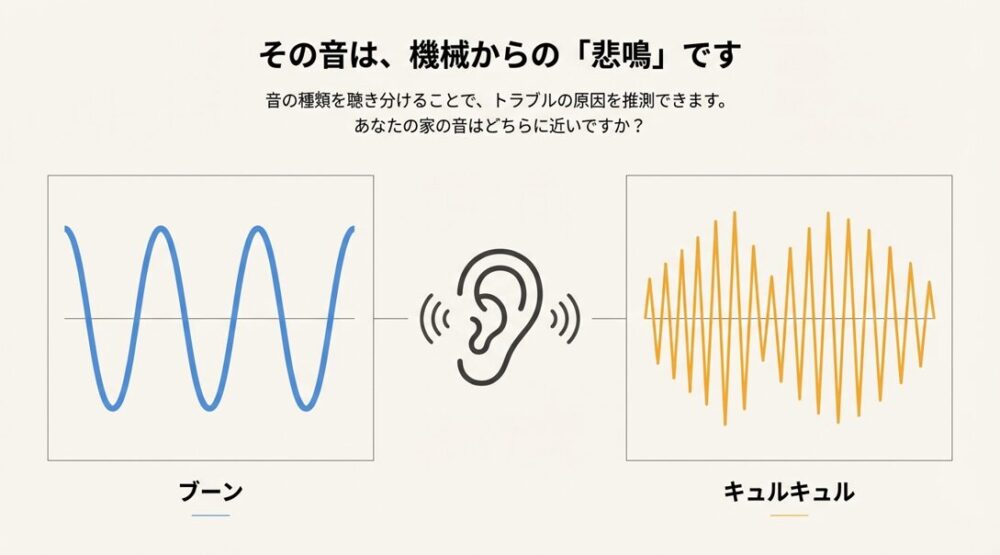 低い音（波形がゆるやか）と高い音（波形が細かい）を聴き分ける耳のイラスト