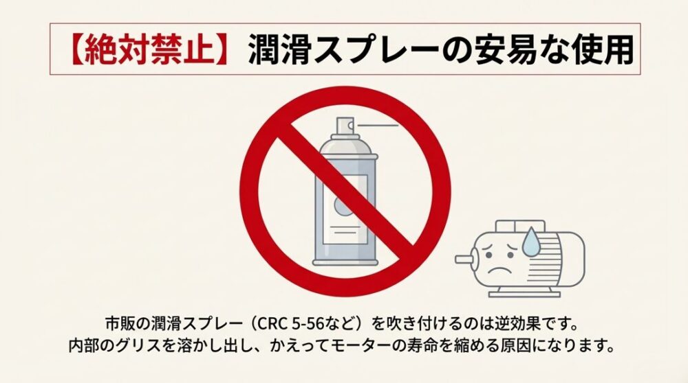 モーターにスプレー缶を使用することにバツ印がついた警告イラスト