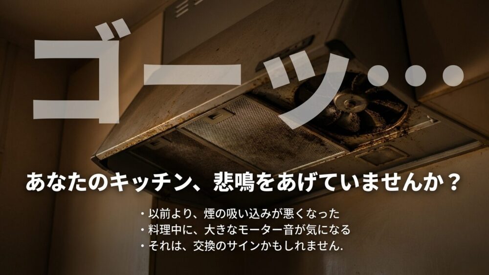換気扇から「ゴーッ」という異音がし、煙の吸い込みが悪くなっているキッチンのイラスト。