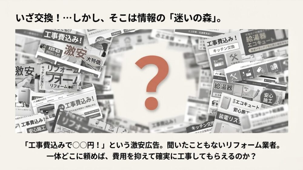 「激安」「工事費込み」など多数のリフォームチラシが乱立し、どれを選べばよいか混乱しているイメージ画像。