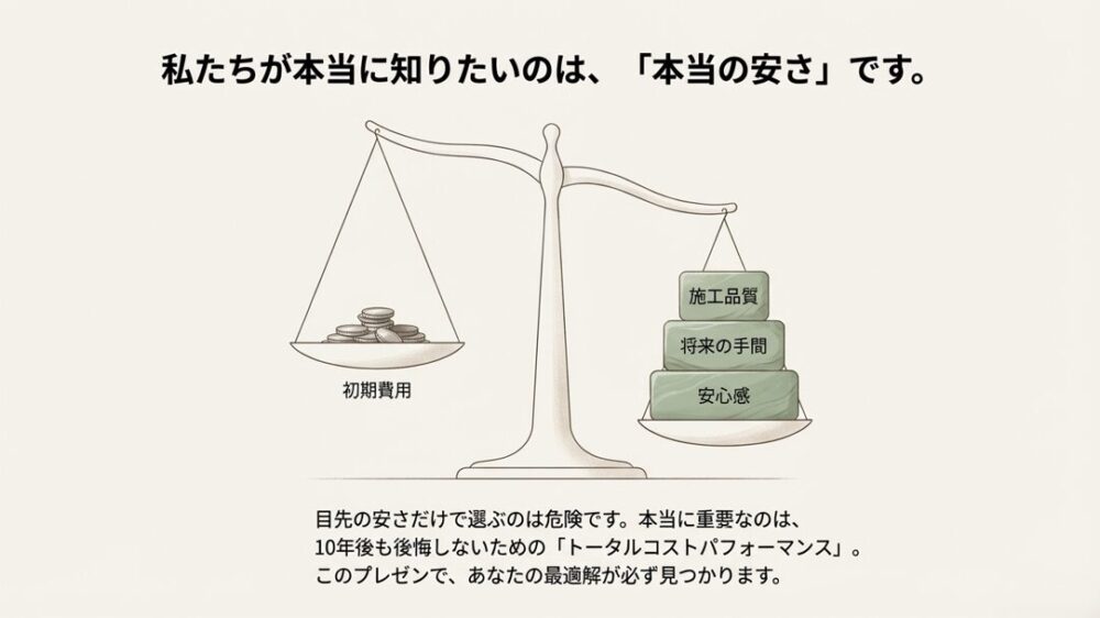 天秤のイラスト。左皿の「初期費用（お金）」よりも、右皿の「施工品質」「将来の手間」「安心感」の方が重く、重要であることを示している。