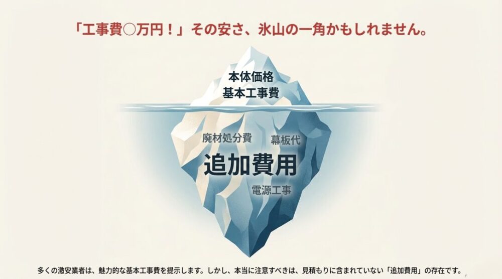 海に浮かぶ氷山のイラスト。水面上の小さな氷が「工事費○万円」を表し、水面下の巨大な部分が「廃材処分費」「電源工事」などの隠れた追加費用であることを示している。