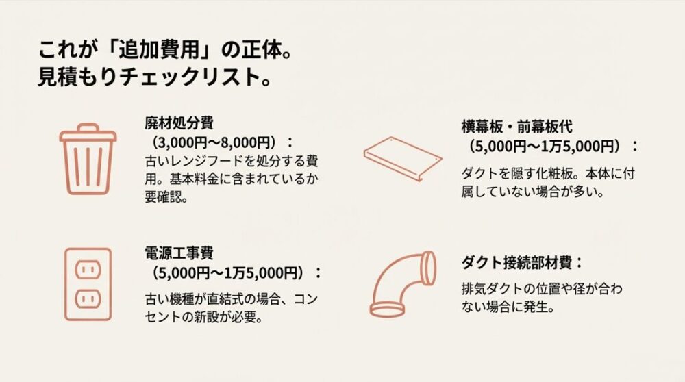 廃材処分費、横幕板・前幕板代、電源工事費、ダクト接続部材費のアイコンと、それぞれの費用目安が記載された図。