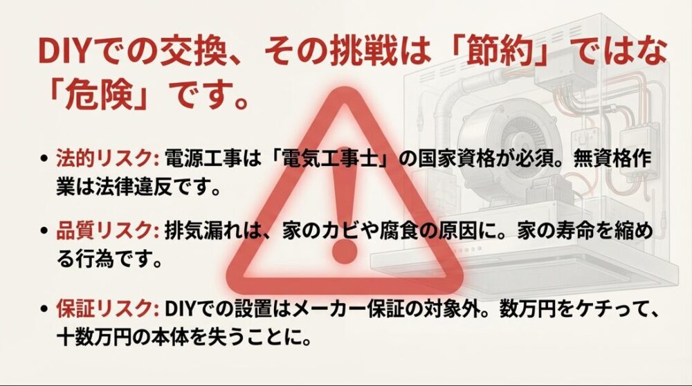 電気工事士の資格が必要な法的リスク、排気漏れによる品質リスク、メーカー保証外になる保証リスクを警告するスライド。