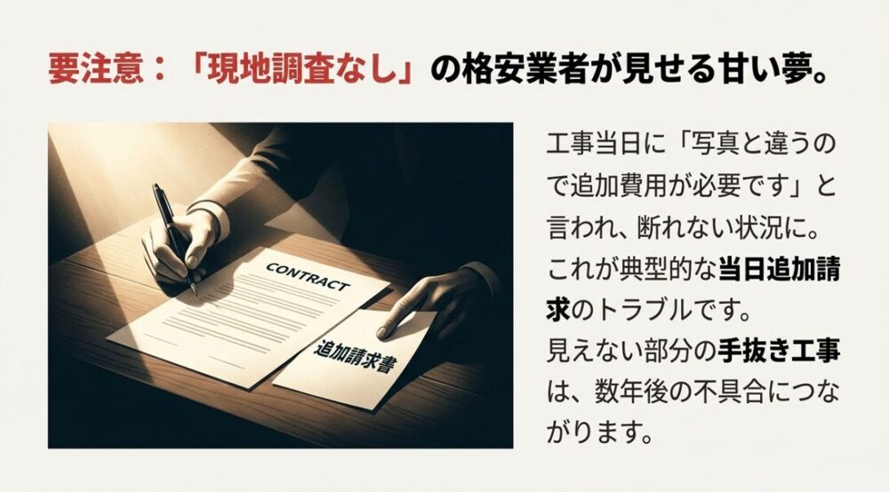 暗い部屋で契約書にサインを求められる様子と「追加請求書」のイラスト。当日に追加費用を請求されるリスクを表現している。