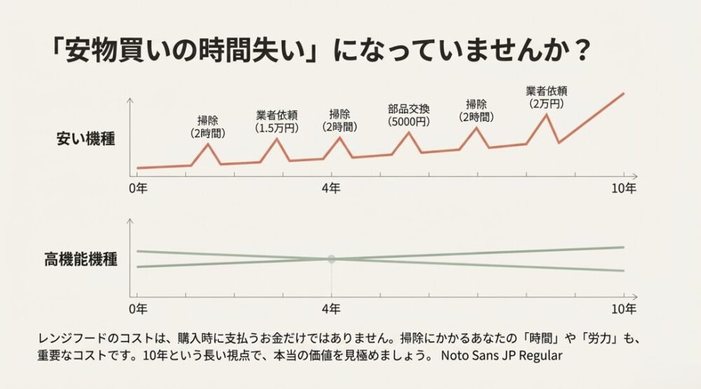 0年から10年までのコスト推移グラフ。安い機種は掃除の手間や業者依頼費でコストが上昇し続ける一方、高機能機種は初期費用が高いものの、その後のコストが抑えられることを示す線グラフ。