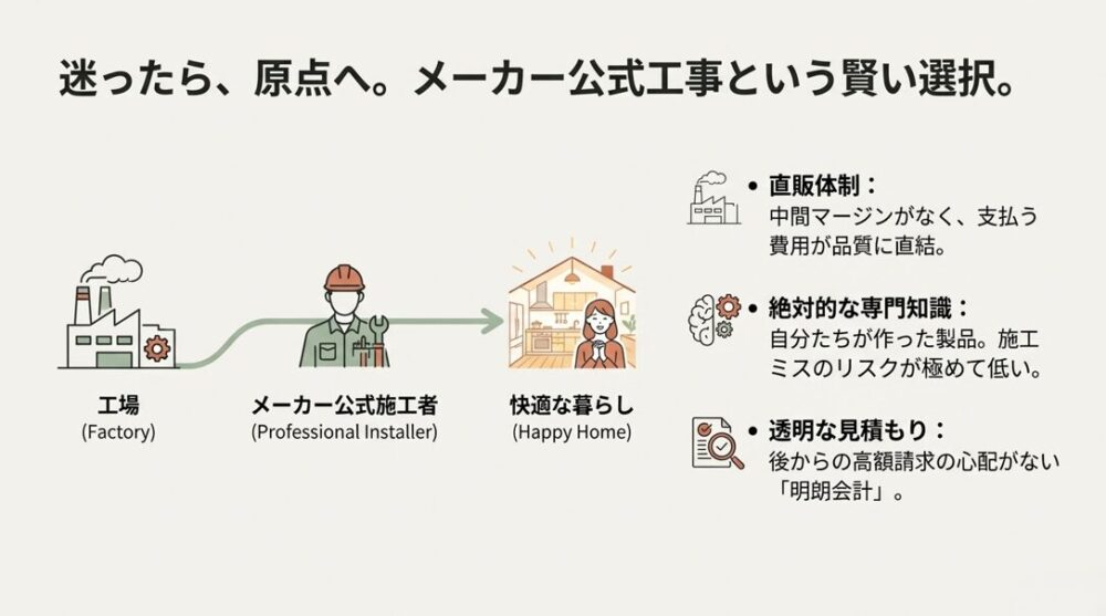 工場からメーカー公式施工者を通じて直接顧客へサービスが提供される図。「直販体制」「専門知識」「透明な見積もり」という3つのメリットが記載されている。