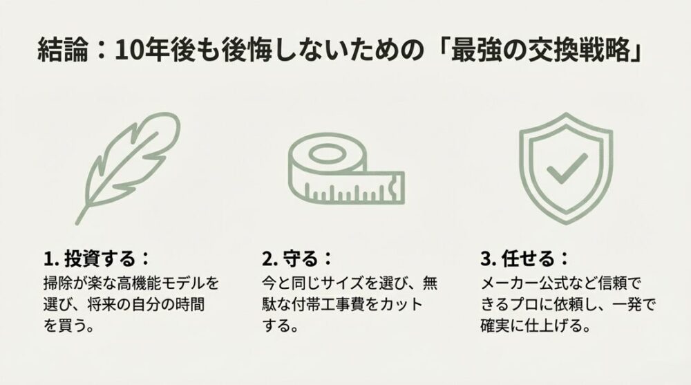 「1. 投資する（高機能モデル）」「2. 守る（サイズ維持）」「3. 任せる（プロに依頼）」という3つの重要ポイントをまとめた図。