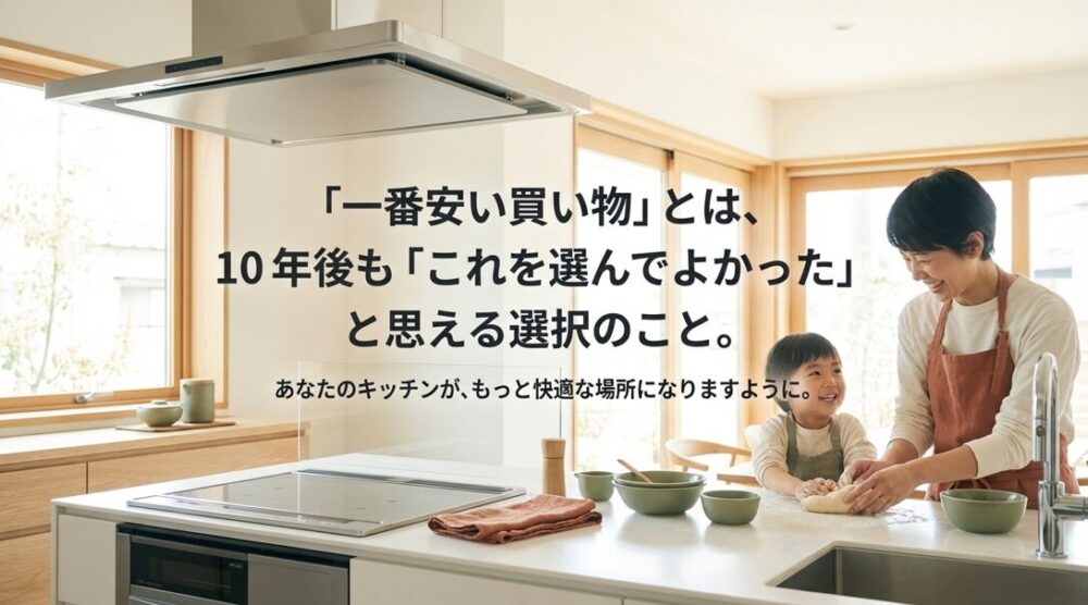 「一番安い買い物とは、10年後もこれを選んでよかったと思える選択のこと」というメッセージが書かれたスライド。