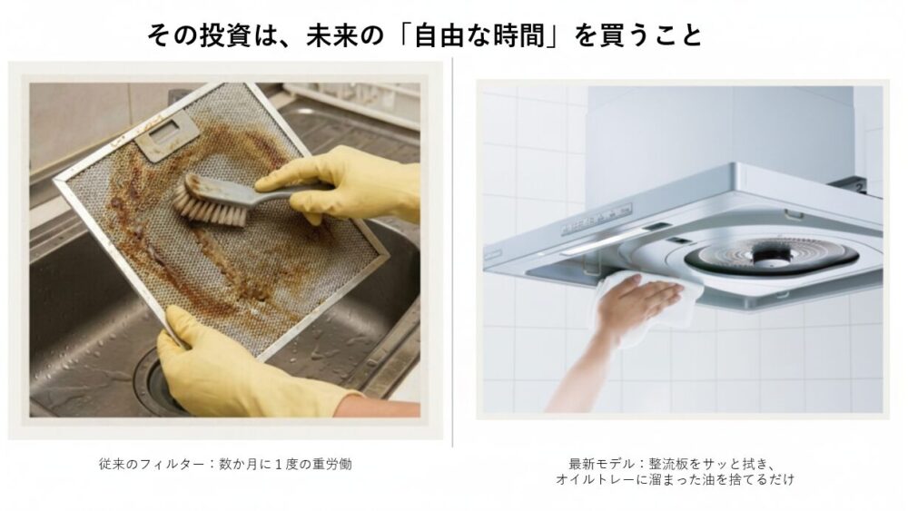 油汚れがびっしり付着したフィルターをブラシで洗う写真と、最新のフラットなレンジフードを布巾でサッと拭く様子の比較写真。