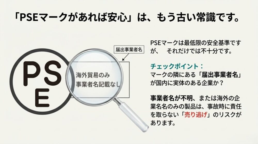 PSEマークを虫眼鏡で拡大している図。マークの隣に国内に実体のある「届出事業者名」が記載されているかを確認する重要性を説明。
