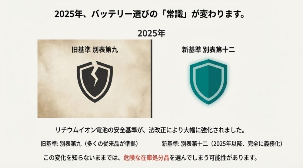 旧基準「別表第九」から、2025年に完全義務化される新基準「別表第十二」への法改正を説明する図。