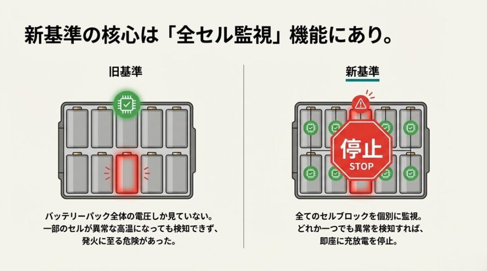 全体の電圧のみ監視する旧基準と、全セルブロックを個別に監視して異常時に停止する新基準の違いを示した比較図。