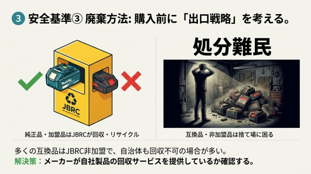 純正品はJBRCでリサイクル可能だが、非加盟の互換品は回収不可で「処分難民」になるリスクがあることを示すイラスト。