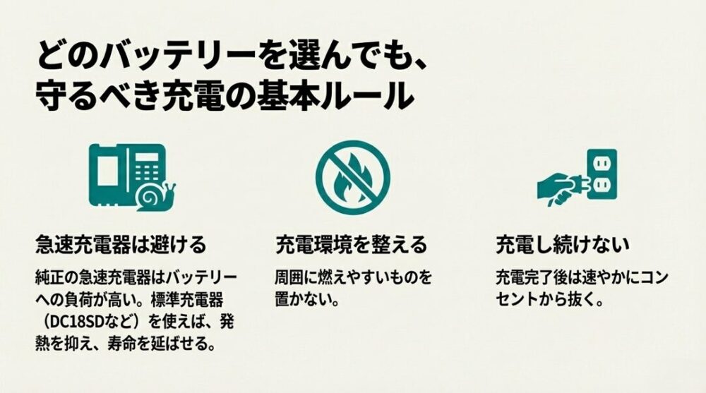 急速充電を避ける、充電環境を整える、完了後は速やかに抜くといった、安全のための3つの基本ルール。