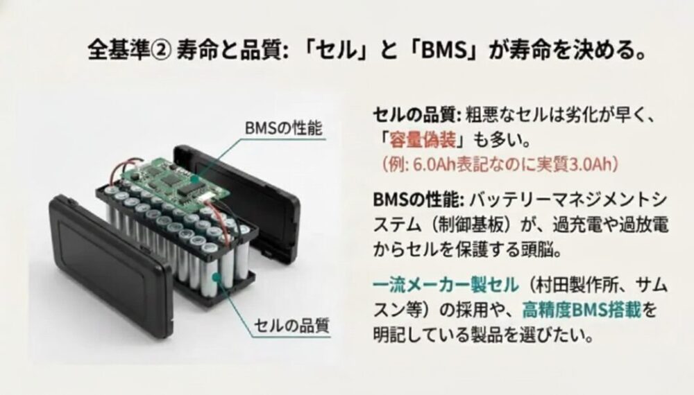 内部セルの品質（村田製作所やサムスン製など）と、過充電・過放電から保護するBMS（制御基板）の重要性を示した図。