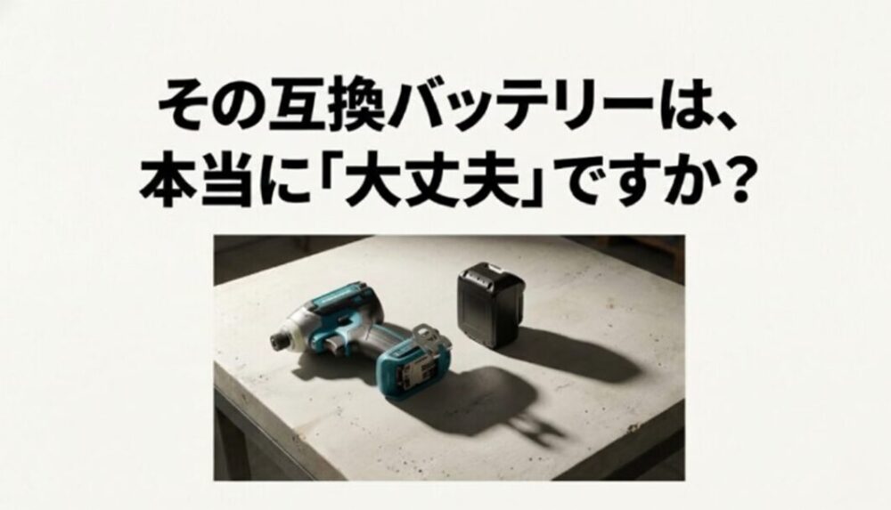 マキタのインパクトドライバーとバッテリーが置かれた写真。「その互換バッテリーは、本当に『大丈夫』ですか？」という問いかけ。